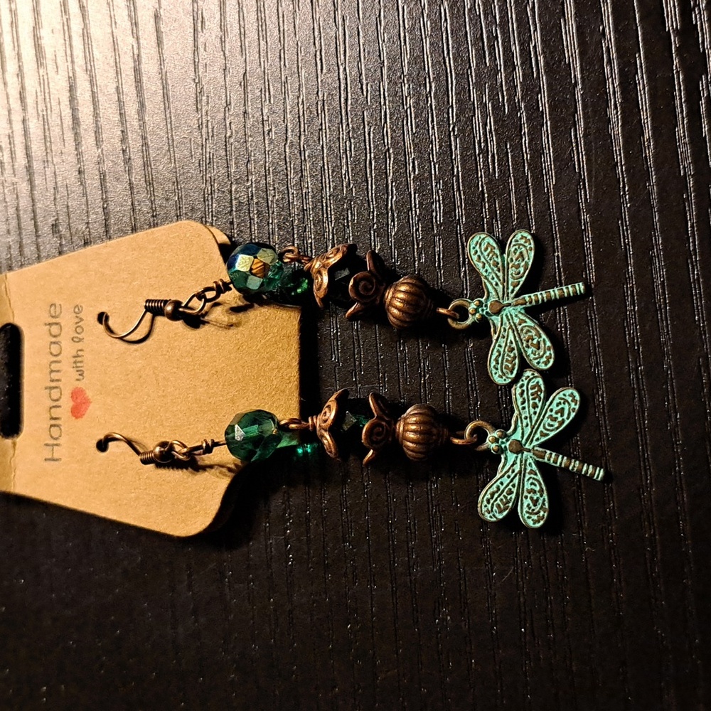 Green Patina Dragonfly Charm & Teal AB Crystal Dangle Earrings in Copper
